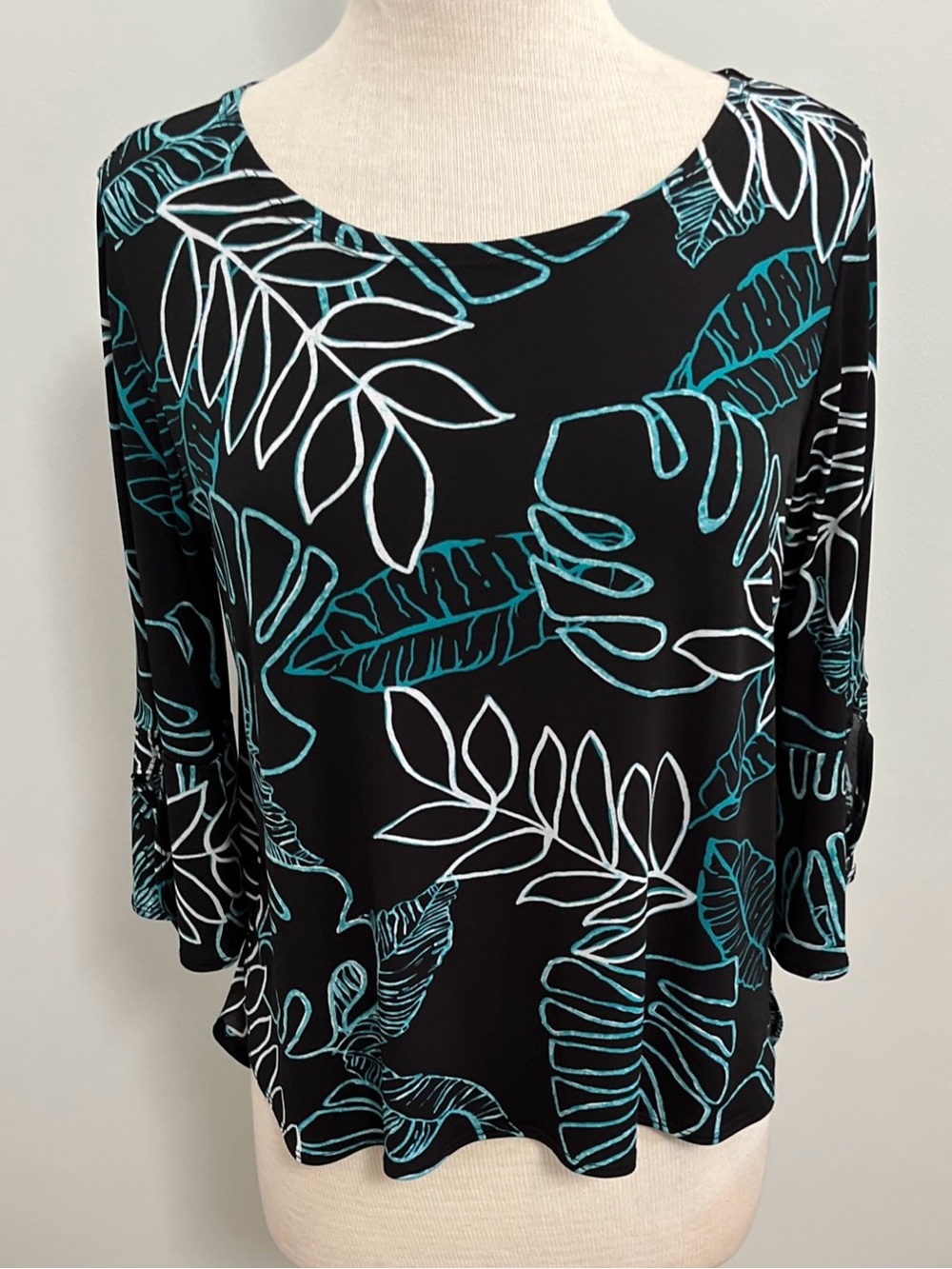 Clara Sun Woo Black Tropical Leaf Tie Cuff Curved Hem Top